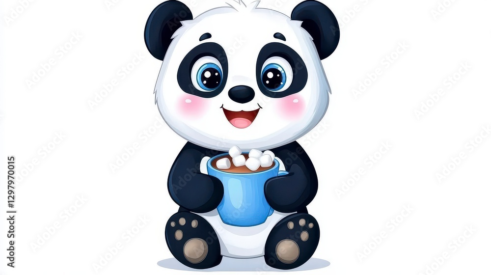 Cute Cartoon Panda Enjoying Hot Chocolate with Marshmallows Cute Cartoon Panda Enjoying Hot Chocolate with Marshmallows