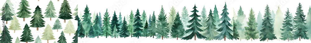 Obraz premium Misty evergreen forest landscape with towering pine fir and spruce trees in a lush natural wilderness The dense dense green foliage creates a serene tranquil and atmospheric scene with a calming