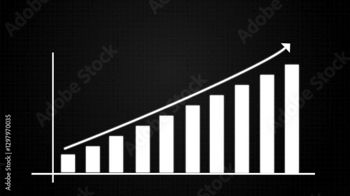 A dynamic bar chart animation featuring a glowing upward arrow on a black grid background, symbolizing business growth, financial success, and data analysis. 