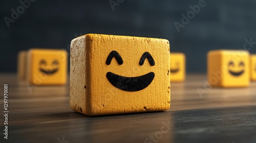 Happy emoji cubes on wooden table, dark background