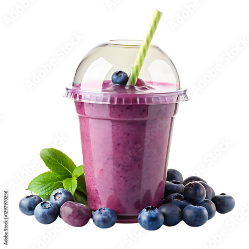 Cold blueberry smothie in a disposable plastic cup with ice 