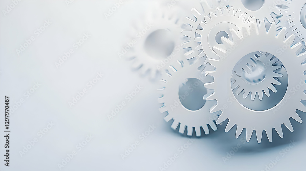 White Cogwheels Interlocking on a Light Blue Background Depicting Technology And Systems White Cogwheels Interlocking on a Light Blue Background Depicting Technology And Systems