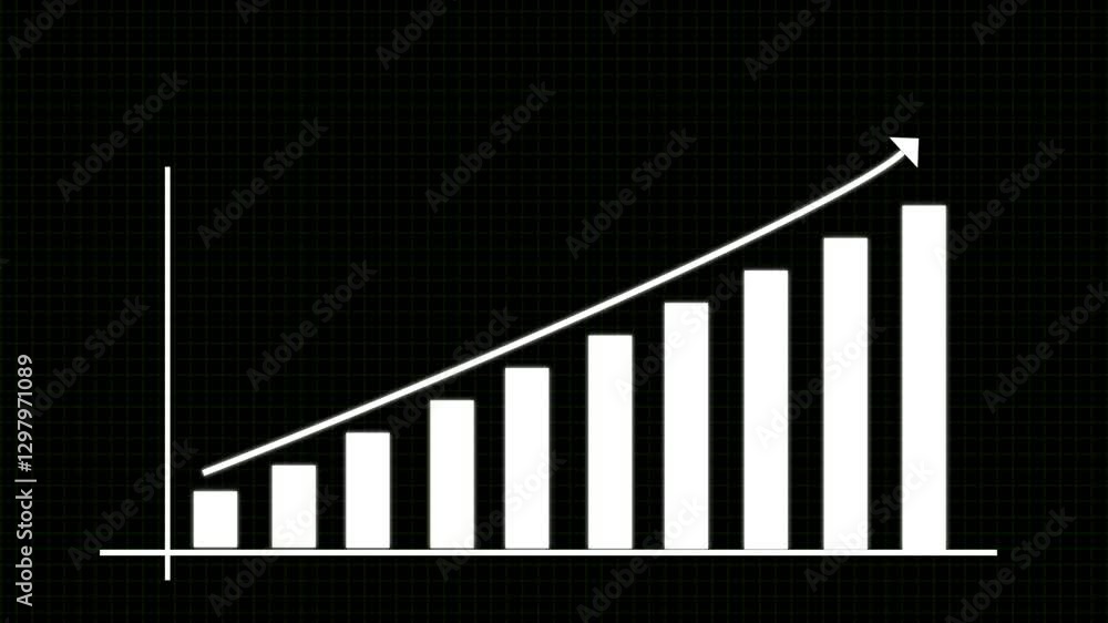 A dynamic bar chart animation featuring a glowing upward arrow on a dark grid background, symbolizing business growth, financial success, and data analysis. A dynamic bar chart animation featuring a glowing upward arrow on a dark grid background, symbolizing business growth, financial success, and data analysis.