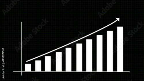 A dynamic bar chart animation featuring a glowing upward arrow on a dark grid background, symbolizing business growth, financial success, and data analysis. 
