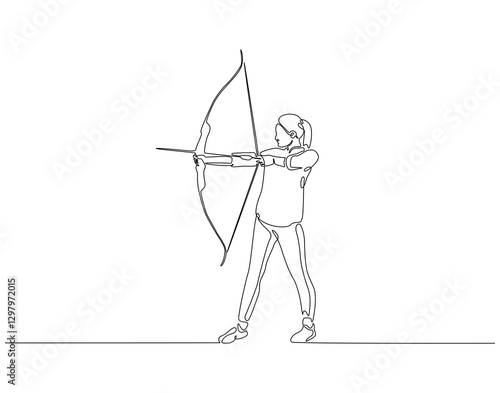 Continuous line drawing of archer woman. Single line illustration of archer aiming target. Sport, accuracy concept. Editable outline
