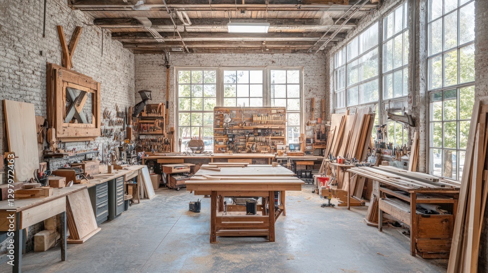 Sunlit wood workshop interior with tools, lumber, and workbenches. Sunlit wood workshop interior with tools, lumber, and workbenches.