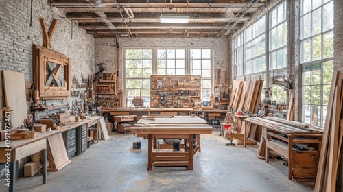 Sunlit wood workshop interior with tools  lumber  and workbenches.