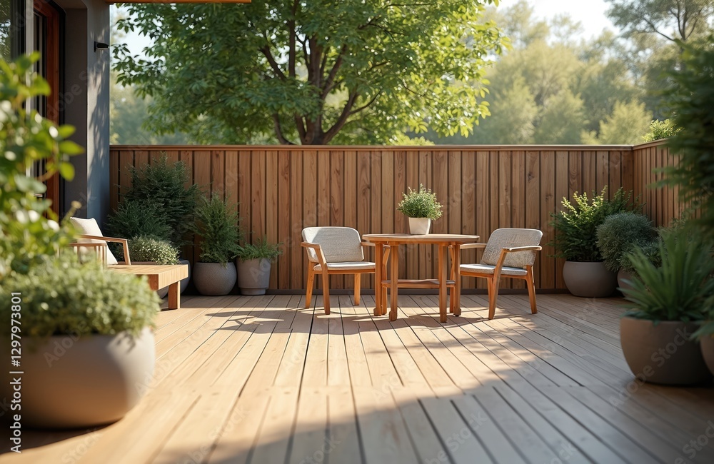 Modern terrace with wood deck flooring, fence, potted flowers and outdoor furniture. Cozy relaxing area at home, garden. Table, two chairs. Plants in pots against wooden fence. Modern terrace with wood deck flooring, fence, potted flowers and outdoor furniture. Cozy relaxing area at home, garden. Table, two chairs. Plants in pots against wooden fence.