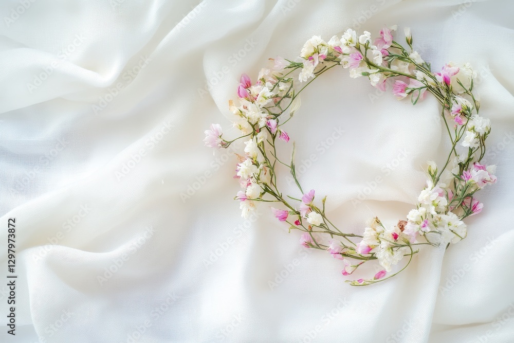 Delicate floral crown resting on soft white fabric, evoking tranquility and elegance in a serene setting. Generative AI