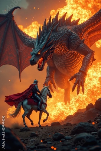 Knight charging forward on horseback to face enormous dragon in a fiery explosion, mythical beast, fantasy creatures, knights