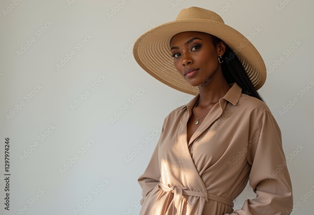 Woman in beige wrap dress and straw hat with a relaxed fit Woman in beige wrap dress and straw hat with a relaxed fit