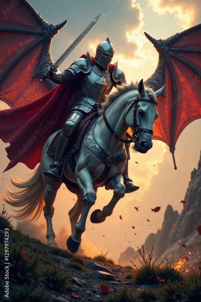 Fototapeta premium Knight in shining armor charging towards a fierce dragon, legend, fantasy, armor