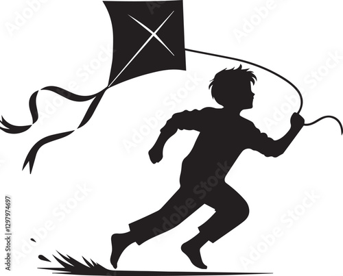 boy with kite black and white silhouette 