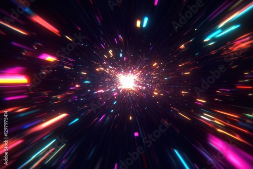 Colorful light streaks exploding from a central point in dark space.