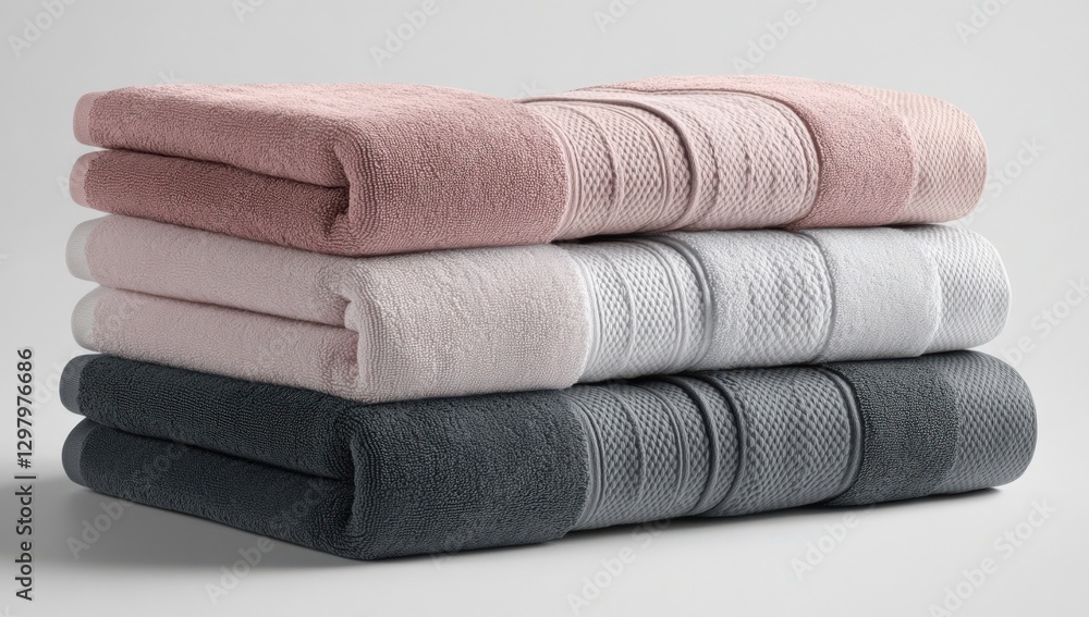 Stacked Collection of Soft, Plush Towels in Pale Pink, Crisp White, and Elegant Grey Tones Captured Against a Simple Light Background Stacked Collection of Soft, Plush Towels in Pale Pink, Crisp White, and Elegant Grey Tones Captured Against a Simple Light Background