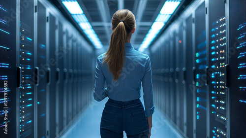 Woman with open back standing in front row of servers in data center symbolizing network security modern technology vulnerability and digital protection