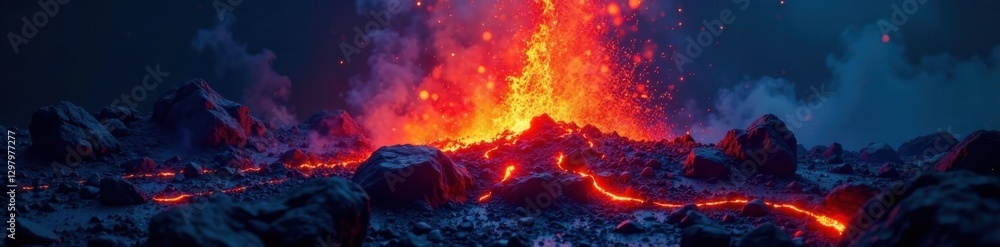 Fototapeta premium Magma of red and blue fire erupts from a black volcanic rock, radiating an otherworldly energy, intense heat wave, blazing inferno, dark volcanic landscape