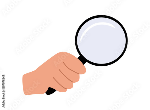 Hand holding magnifying glass. Search sign and icon. Discovery, analysis concept. Cartoon style colorful flat vector illustration isolated