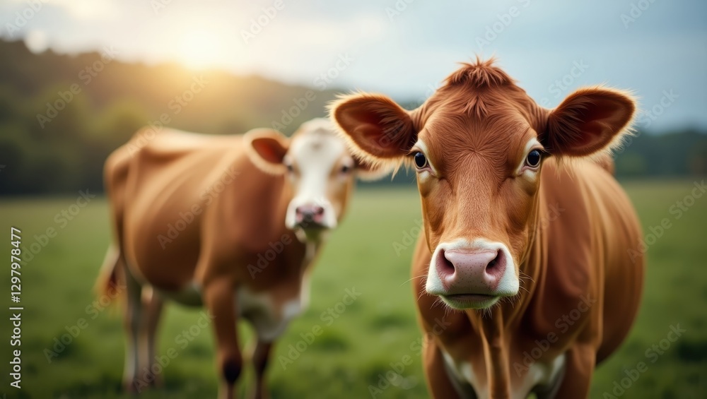 Ilia. Cows are standing in grass looking at camera Ilia. Cows are standing in grass looking at camera