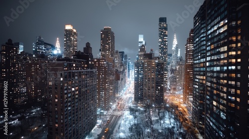 City Skyline at Night, Snow Covered Streets, Urban View