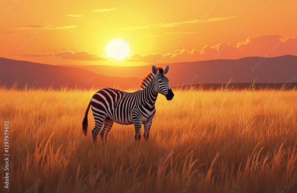 Naklejka premium Illustration of african landscape with zebra standing in sunset light. Grass field, mountains on horizon. Sun sets creating warm mood. Wildlife animal at summer savanna scenery, nature landscape.