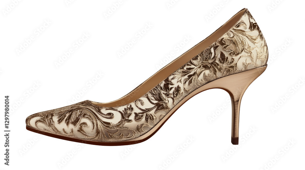 Elegant Heels: Exquisite close-up of a beautifully crafted high-heeled shoe, showcasing a gold and detailed intricate design. Elegant Heels: Exquisite close-up of a beautifully crafted high-heeled shoe, showcasing a gold and detailed intricate design.