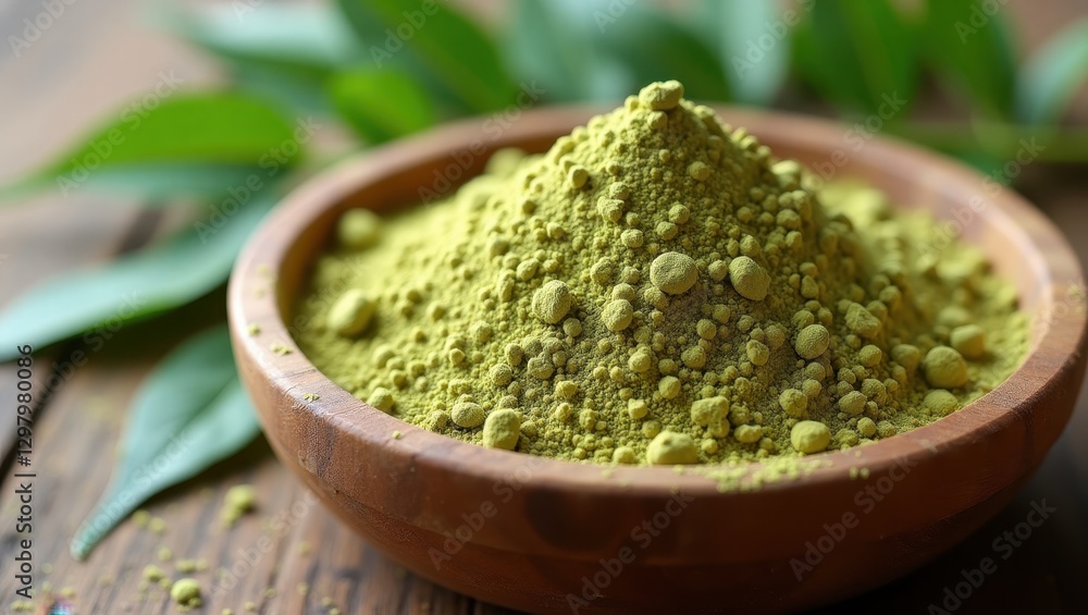 Moringa Powder. Bowl is full of green powder and leaf Moringa Powder. Bowl is full of green powder and leaf