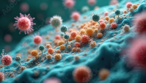 Microscopic organisms thrive within body. Digestive tract under microscope shows microbiota with microbial diversity, symbiotic human relationships. Intestinal flora ecology symbiosis colonization,