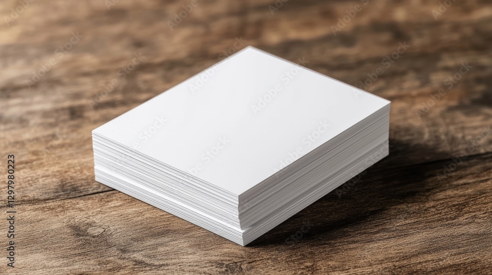 Fototapeta premium A neat stack of blank white paper sits on a wooden surface, showcasing simplicity and potential for creativity or organization.