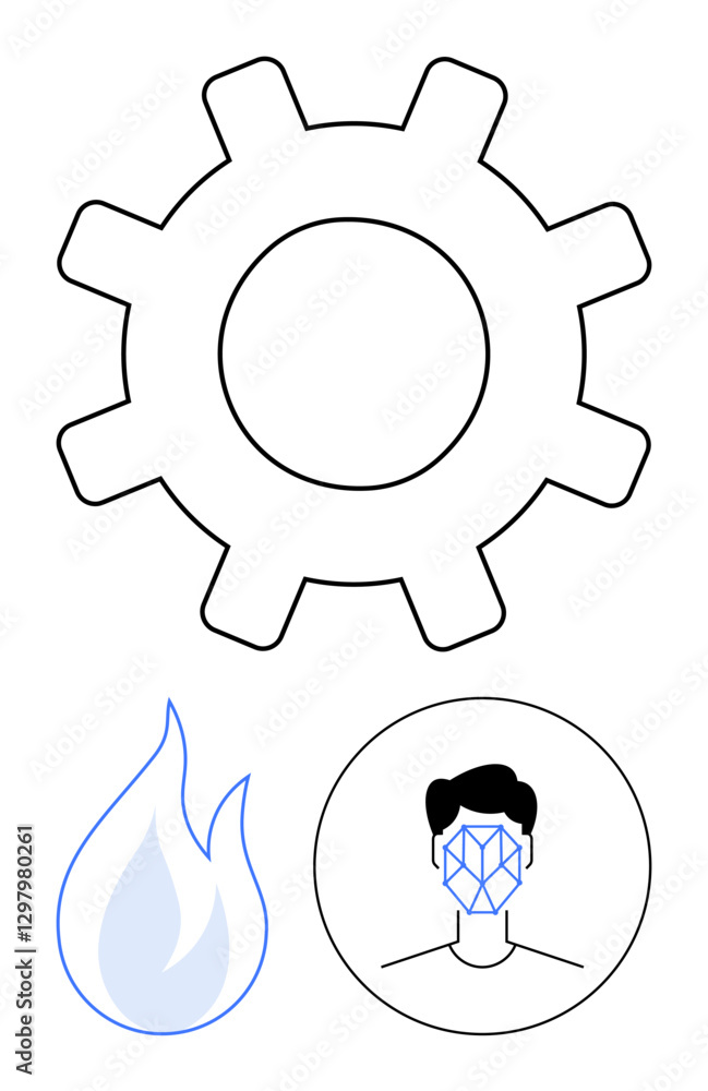 Gear symbol for engineering, flame for energy, face scanning for biometrics. Ideal for technology, AI, automation, energy solutions, identity security, innovation abstract line flat metaphor Gear symbol for engineering, flame for energy, face scanning for biometrics. Ideal for technology, AI, automation, energy solutions, identity security, innovation abstract line flat metaphor
