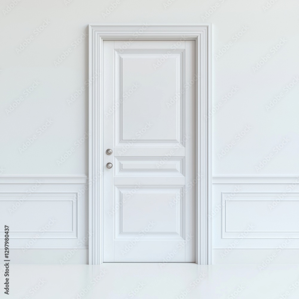 A minimalist white door blends seamlessly into a white wall, creating a clean and modern aesthetic in the interior space. A minimalist white door blends seamlessly into a white wall, creating a clean and modern aesthetic in the interior space.