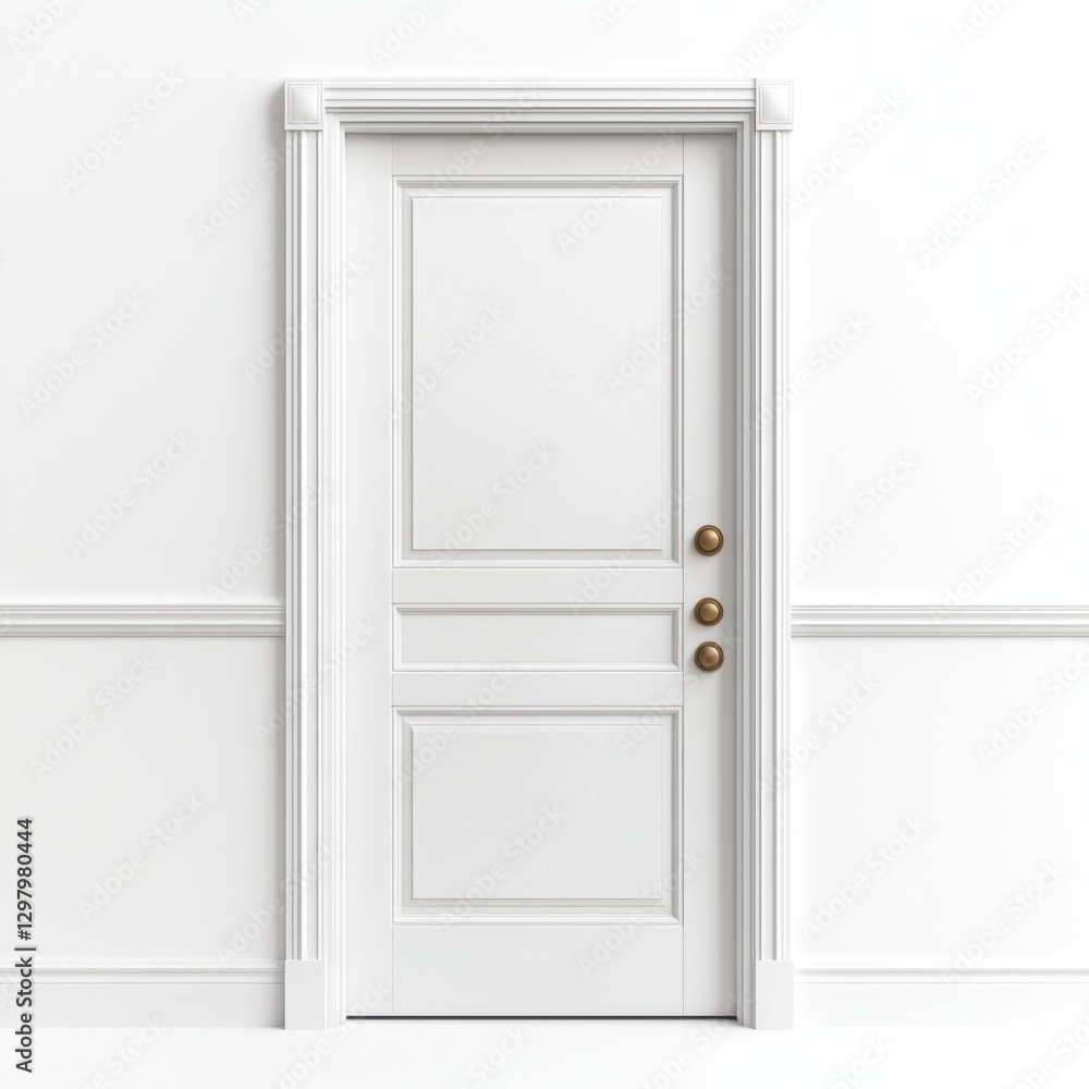 A simple, elegant white door with decorative molding, set against a plain white wall, exuding a minimalist aesthetic. A simple, elegant white door with decorative molding, set against a plain white wall, exuding a minimalist aesthetic.