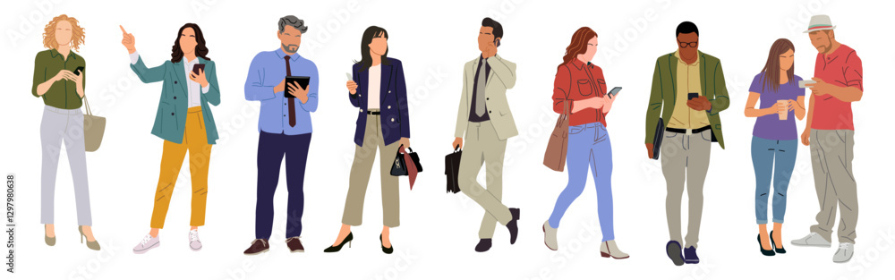 Set of different people using gadgets. Business men and women holding smartphones and tablet, texting, talking, watching news. Group of male, female cartoon characters Vector realistic illustrations. Set of different people using gadgets. Business men and women holding smartphones and tablet, texting, talking, watching news. Group of male, female cartoon characters Vector realistic illustrations.