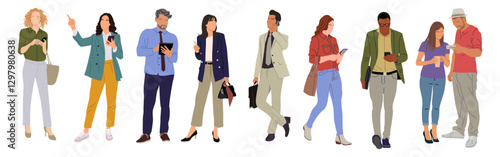 Set of different people using gadgets. Business men and women holding smartphones and tablet, texting, talking, watching news. Group of male, female cartoon characters Vector realistic illustrations.