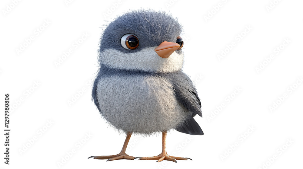 Obraz premium A fluffy little bird chick, curious and endearing, peeks from a bright white background in a charming 3D render.