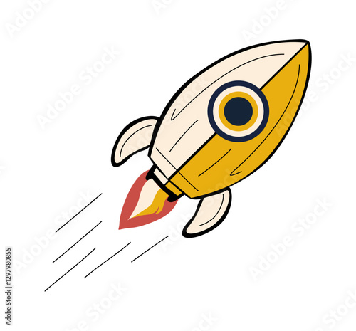 Rocket ship launched to space. Flying cosmos shuttle, rocketship. Business booster, startup, innovative idea, startup concept. Flat vector illustration isolated on white background, cartoon icon.