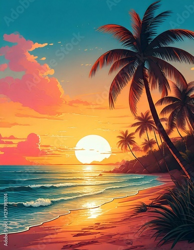 illustration beach with palm trees flat art at sunset 