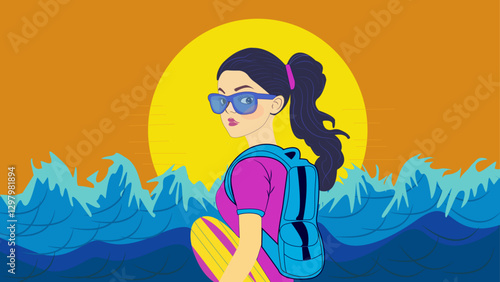 Surfer girl standing with a surfboard, waves rolling behind her, dressed in a wetsuit, ready for the ocean