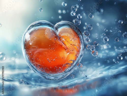 Realistic Macro View of Heart-Shaped Droplet Representing In Vitro Fertilization Concept with Bubbles and Water Effects