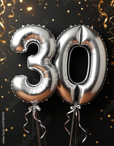 Silver number 30 balloons for birthday, anniversary celebration. Black background with confetti, ribbons. Festive decorations, glittering symbols, shiny metallic colors for invitation card party photo