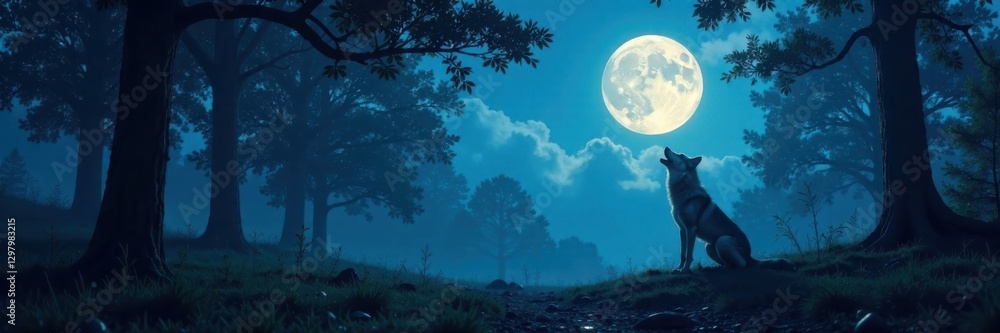 Obraz premium Moonlit forest clearing with a lone wolf standing upright on hind legs howling at the moon , animal posture, wolf, wilderness