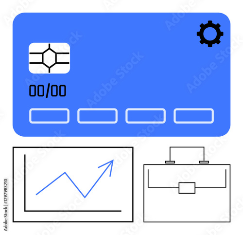 Digital payment card with chip, gear icon, growth chart, and briefcase imagery. Ideal for banking, tech innovation, mobile payments, investment, e-commerce fintech abstract line flat metaphor