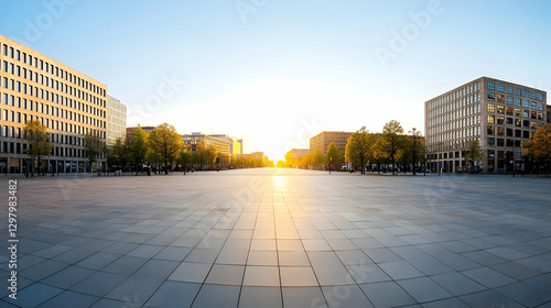 Wide Angle View of Urban City Square at Golden Hour with Buildings and Trees under a Clear Sky