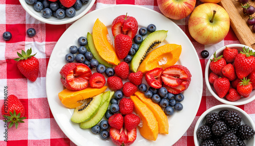 Colorful fruit platter arranged on checkered tablecloth
