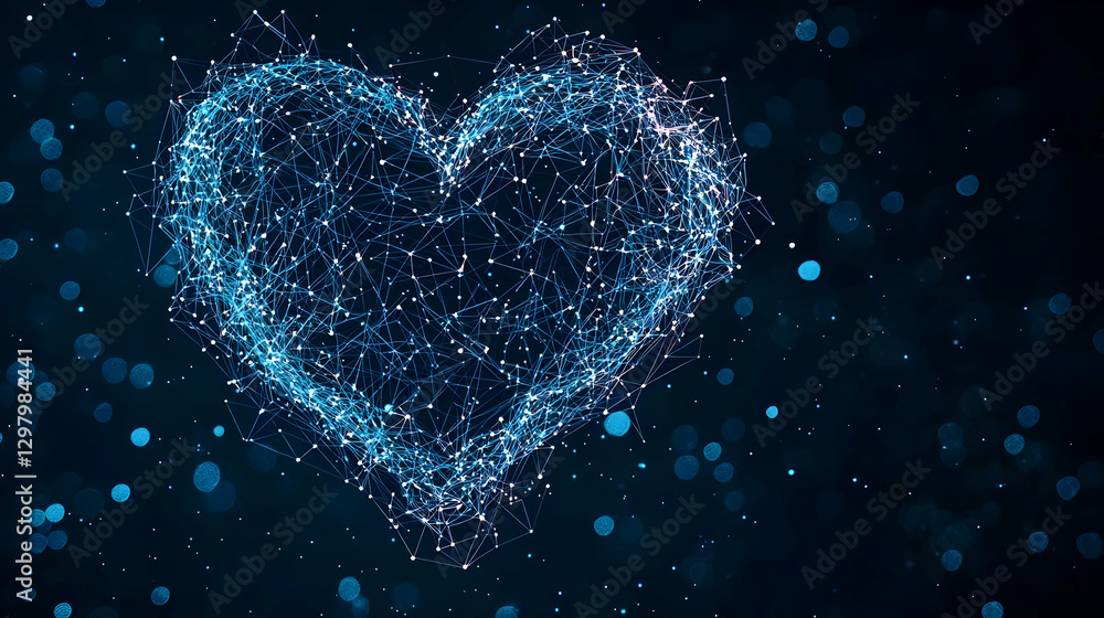 Abstract Digital Heart Shape in Blue with Glowing Particles on Dark Background Abstract Digital Heart Shape in Blue with Glowing Particles on Dark Background