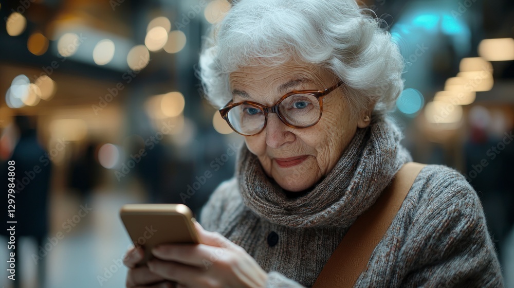 Senior Woman Engaged with Smartphone in Modern Setting Exploring Virtual Museum Technology Senior Woman Engaged with Smartphone in Modern Setting Exploring Virtual Museum Technology