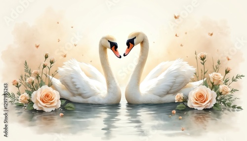 Fototapeta Naklejka Na Ścianę i Meble -  Watercolor wedding card illustration. Two white swans couple surrounded by roses flowers. Beige vintage background, shabby chic, pastel colors, romantic style. Water reflection, copy space for text