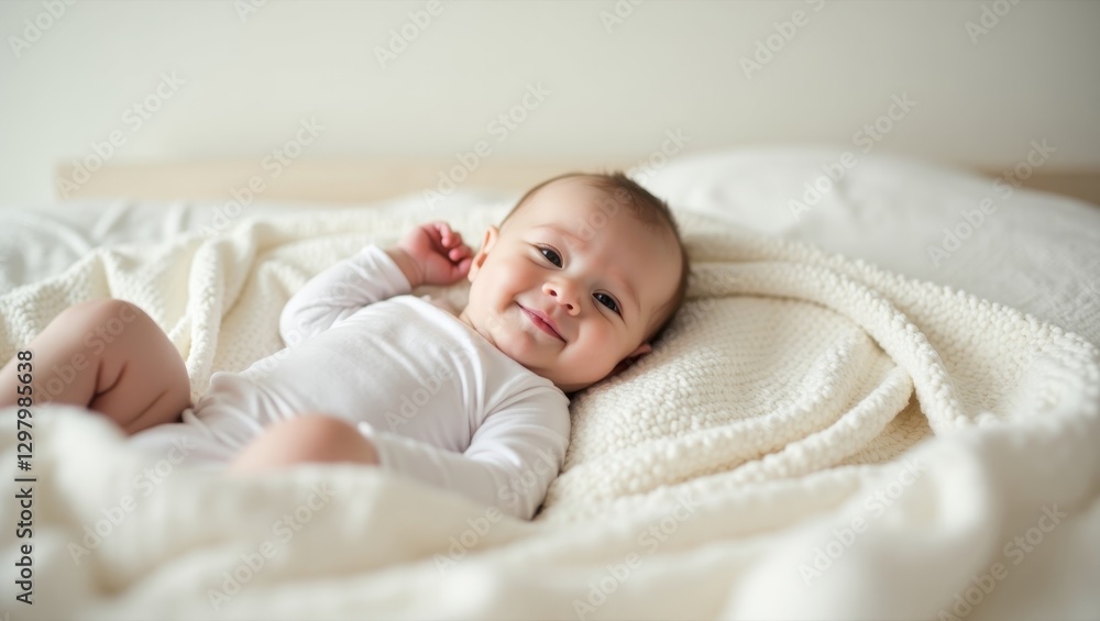 Wake Window. Baby is laying on blanket on bed Wake Window. Baby is laying on blanket on bed