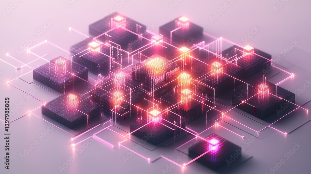 Fototapeta premium A digital network of luminous blocks and interconnected lines, blending technology and abstract design in a futuristic style.