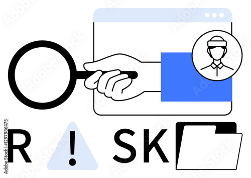 Magnifying glass over web browser with user profile, risk warning sign, and file folder. Ideal for security, research, HR, compliance, investigations auditing and risk analysis. Line metaphor
